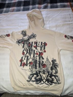 Fresh Laundry Faith Over Fear Hoodie Mens M Cream Grunge Skull Cross Bible Verse
